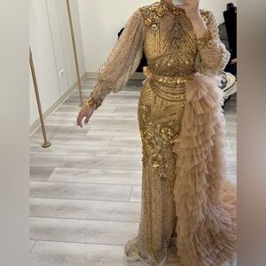 Miha Couture Gown - Gold, Beaded, with Overskirt